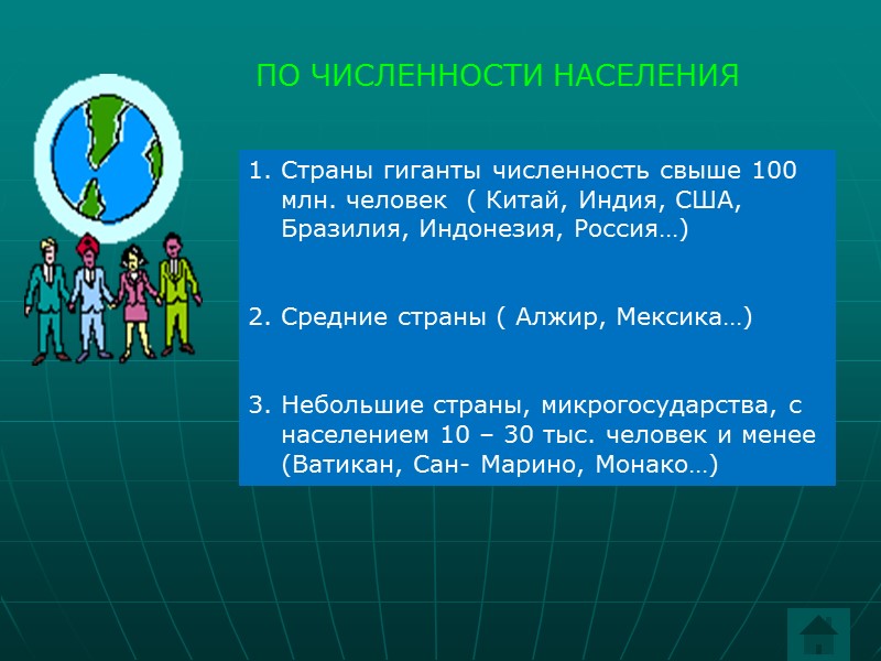 ПО ЧИСЛЕННОСТИ НАСЕЛЕНИЯ  Страны гиганты численность свыше 100 млн. человек  ( Китай,